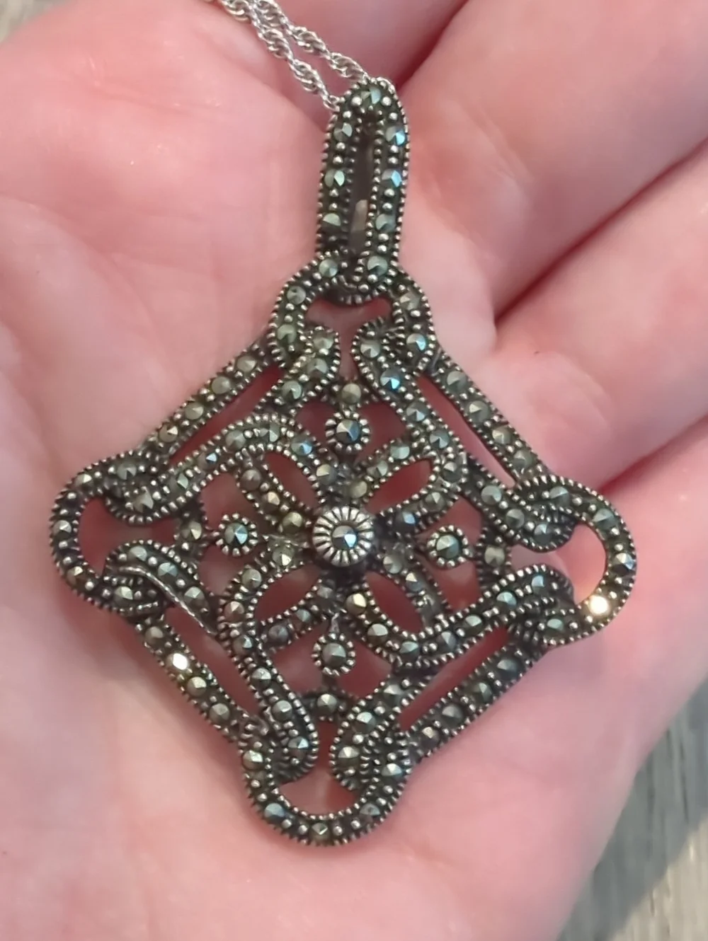 Vintage Marcasite Sterling Silver Filigree Pendant Necklace